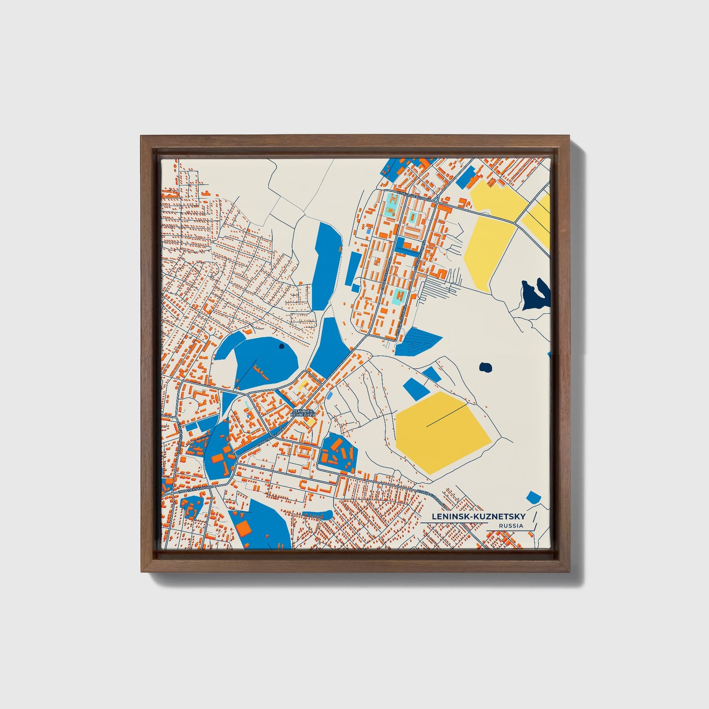 Ленинск-Кузнецкий Russia Colorful City Map Canvas Print • Dark Wooden Framed