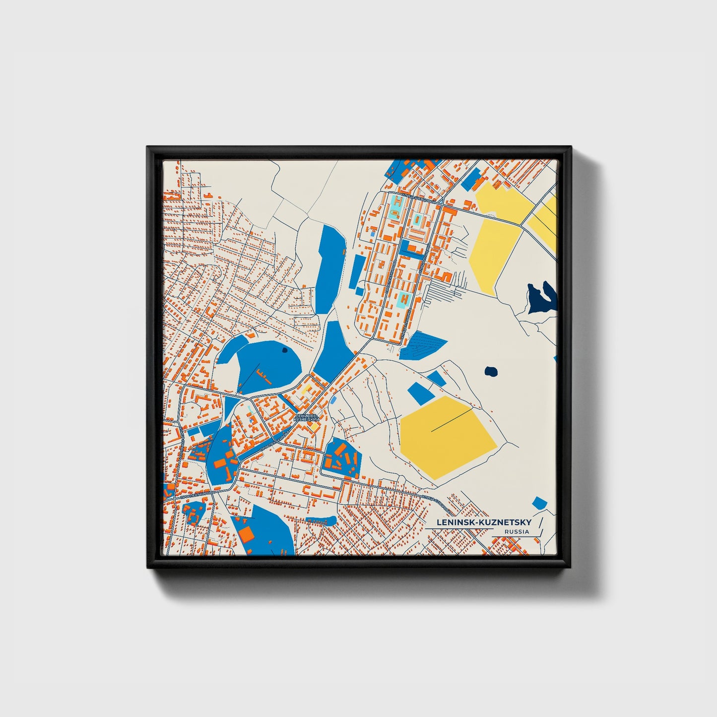 Ленинск-Кузнецкий Russia Colorful City Map Canvas Print • Black Framed