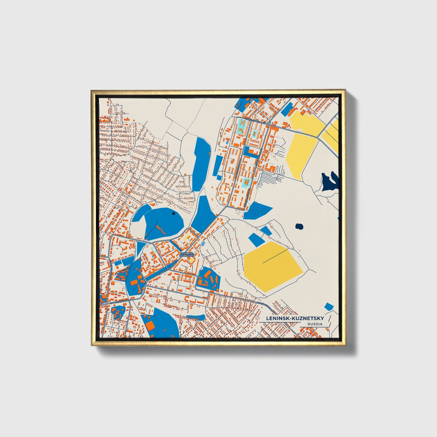 Ленинск-Кузнецкий Russia Colorful City Map Canvas Print • Gold Framed