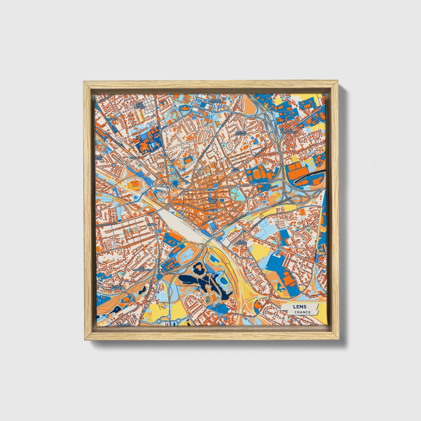 Lens France Colorful City Map Canvas Print • Natural Wooden Framed