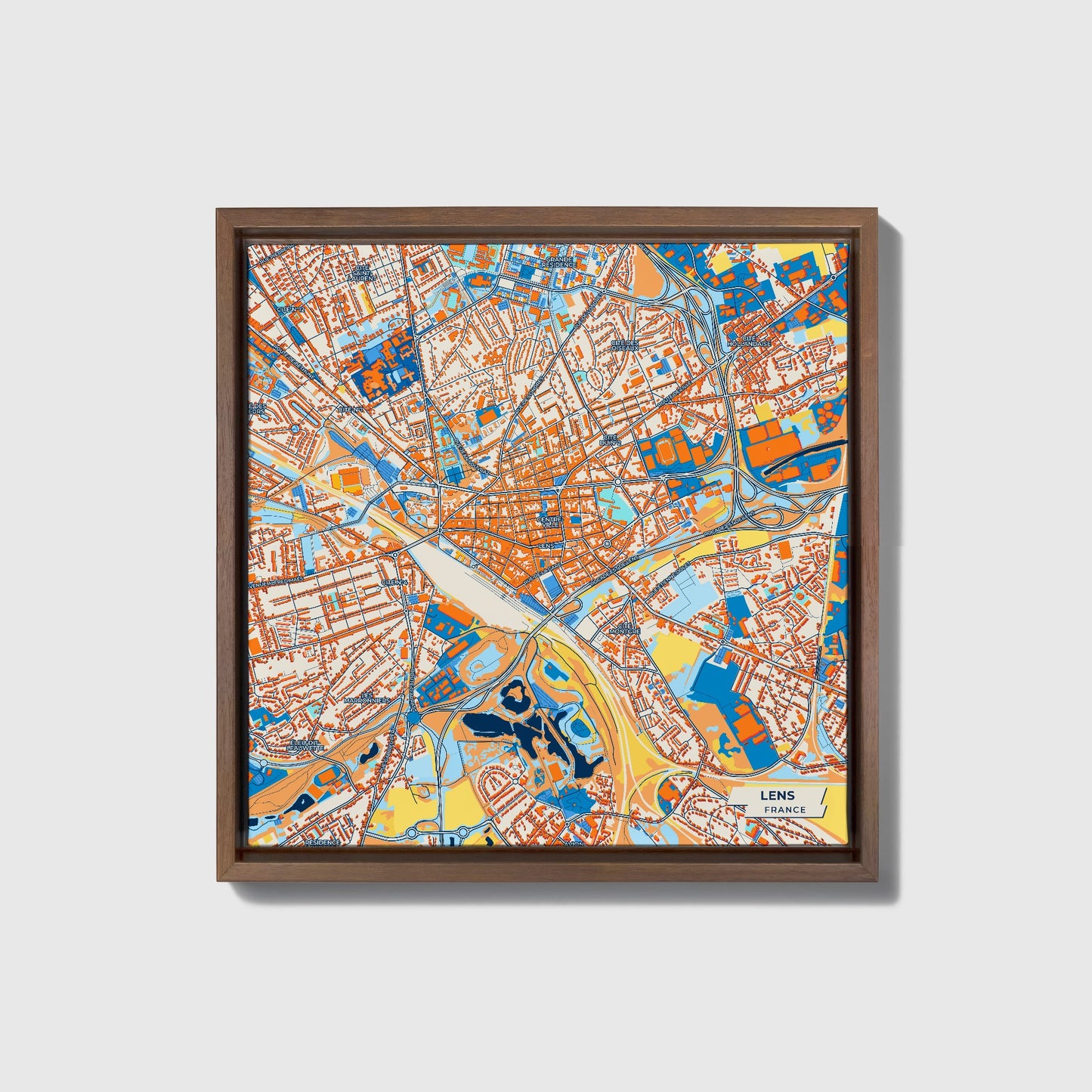 Lens France Colorful City Map Canvas Print • Dark Wooden Framed