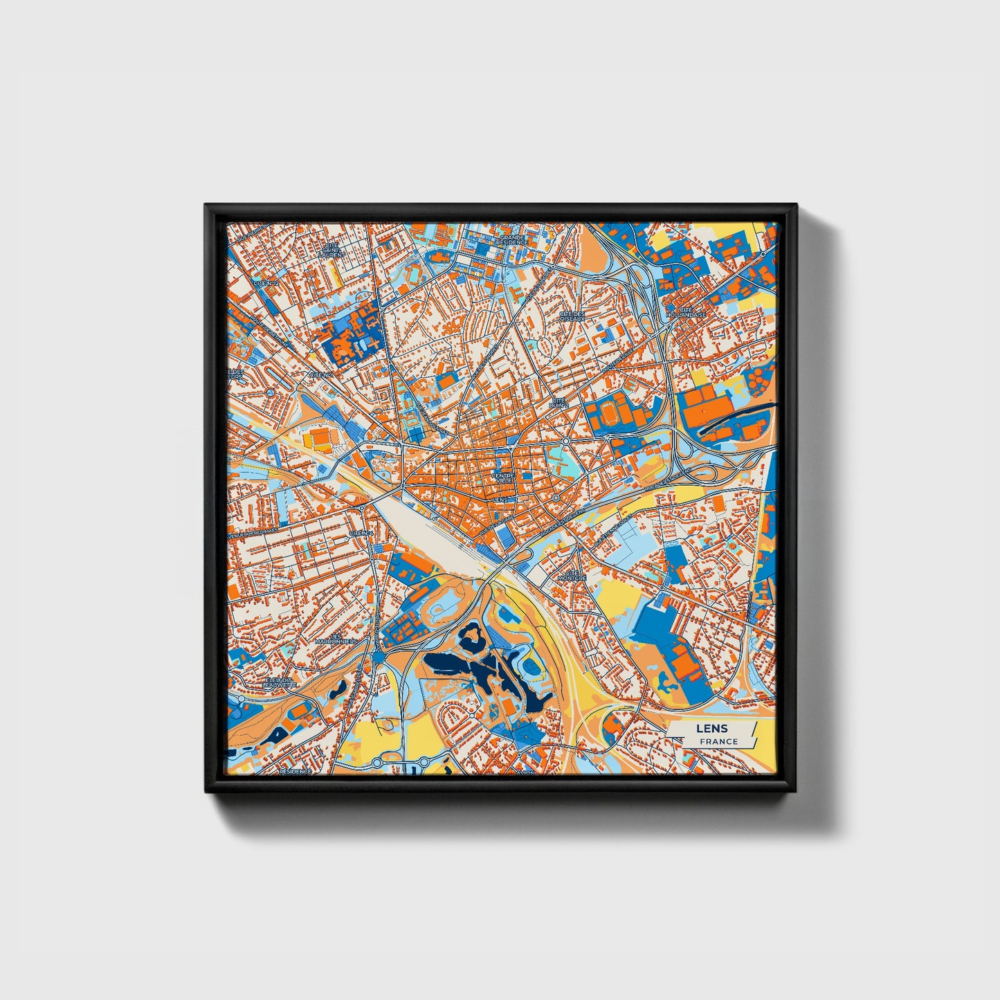 Lens France Colorful City Map Canvas Print • Black Framed
