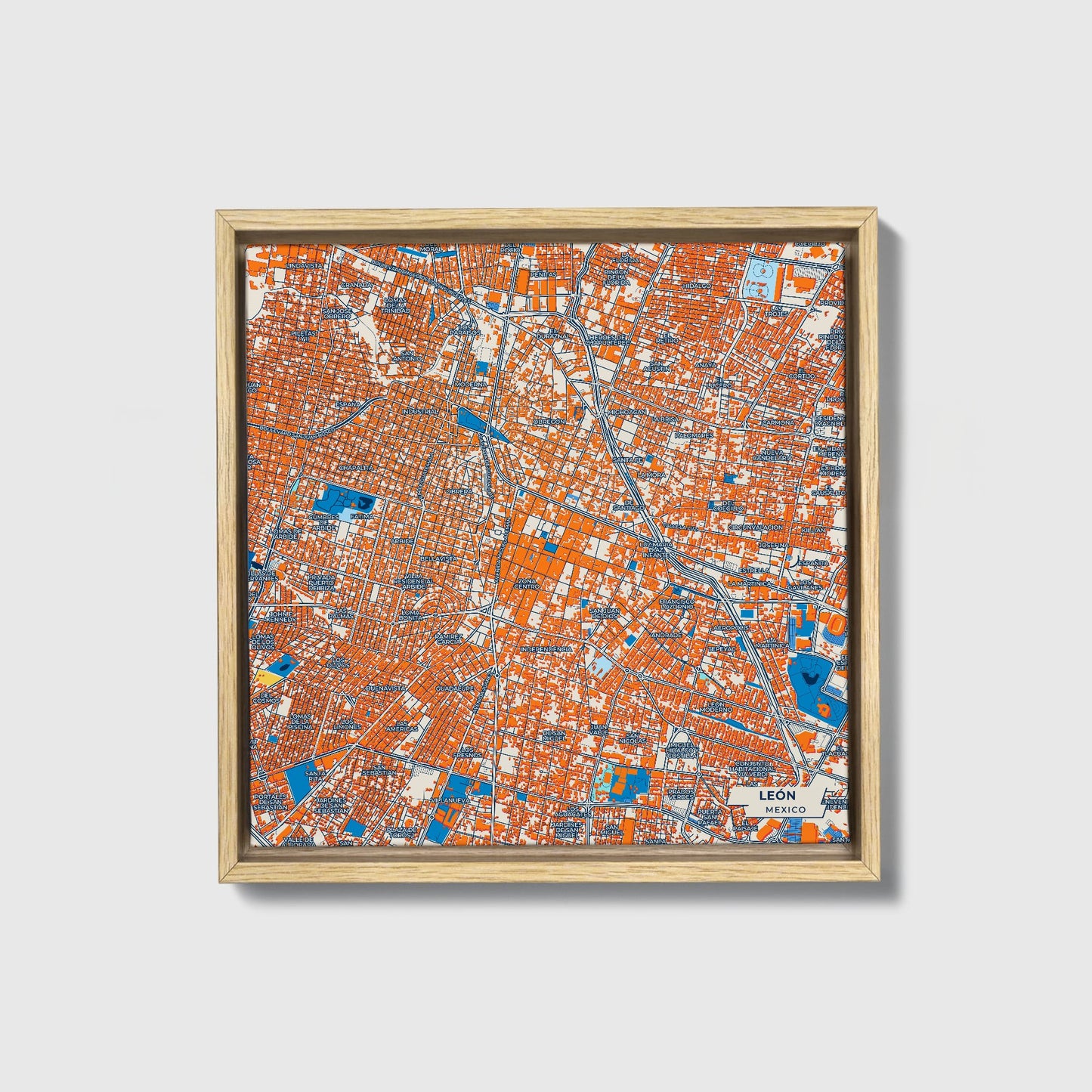León Mexico Colorful City Map Canvas Print • Natural Wooden Framed
