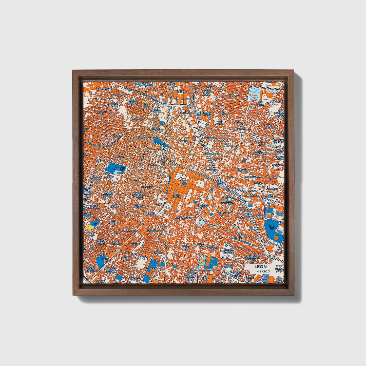 León Mexico Colorful City Map Canvas Print • Dark Wooden Framed