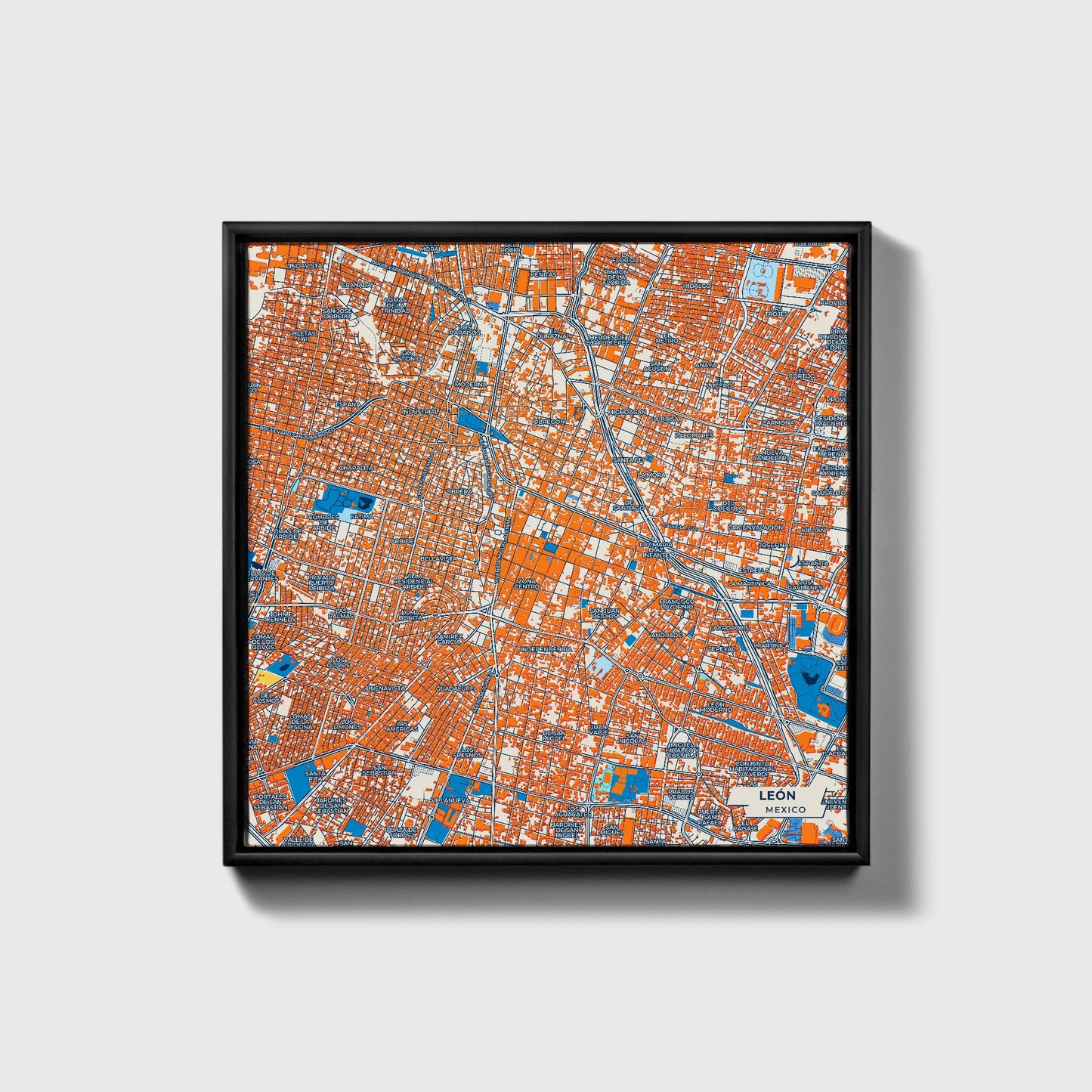 León Mexico Colorful City Map Canvas Print • Black Framed