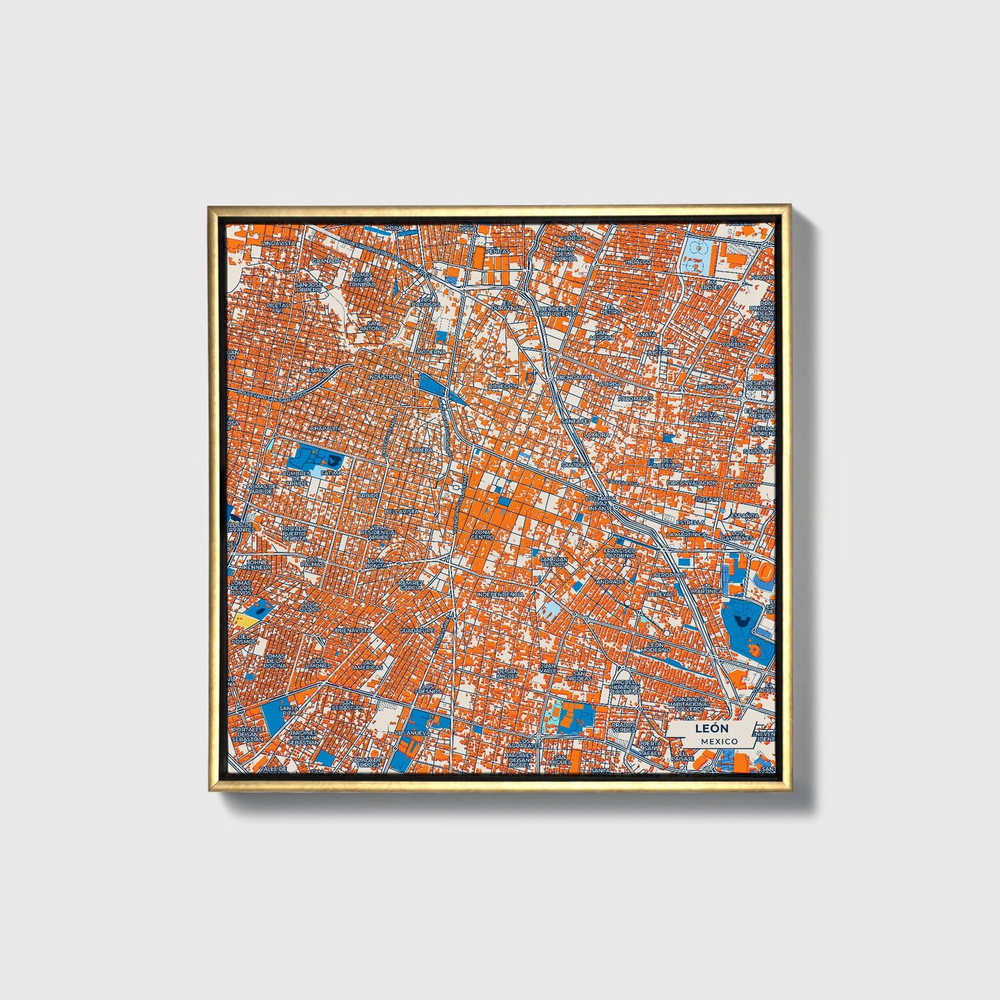 León Mexico Colorful City Map Canvas Print • Gold Framed