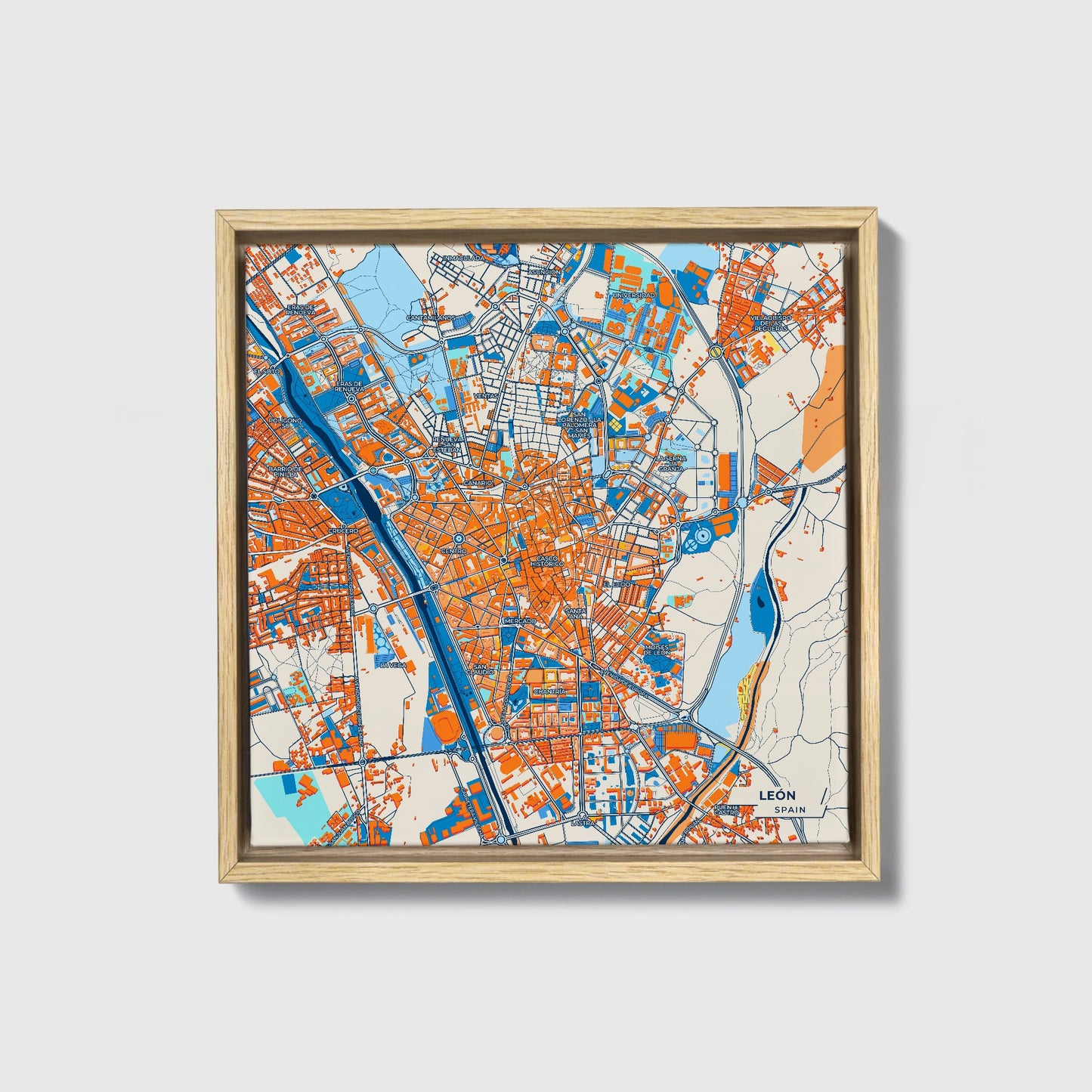 León Spain Colorful City Map Canvas Print • Natural Wooden Framed