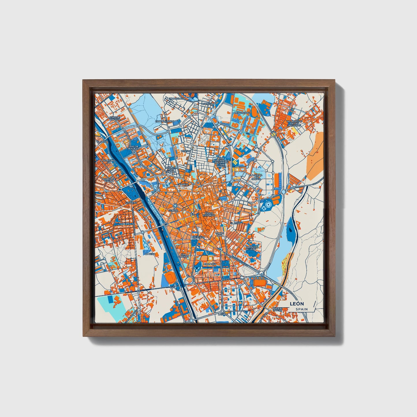 León Spain Colorful City Map Canvas Print • Dark Wooden Framed