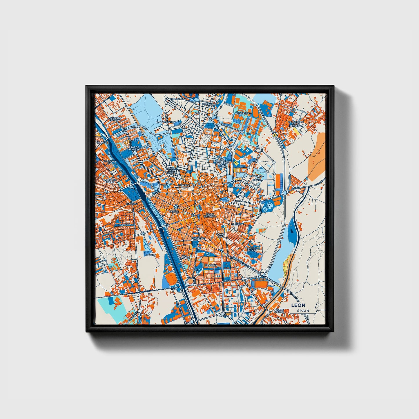 León Spain Colorful City Map Canvas Print • Black Framed