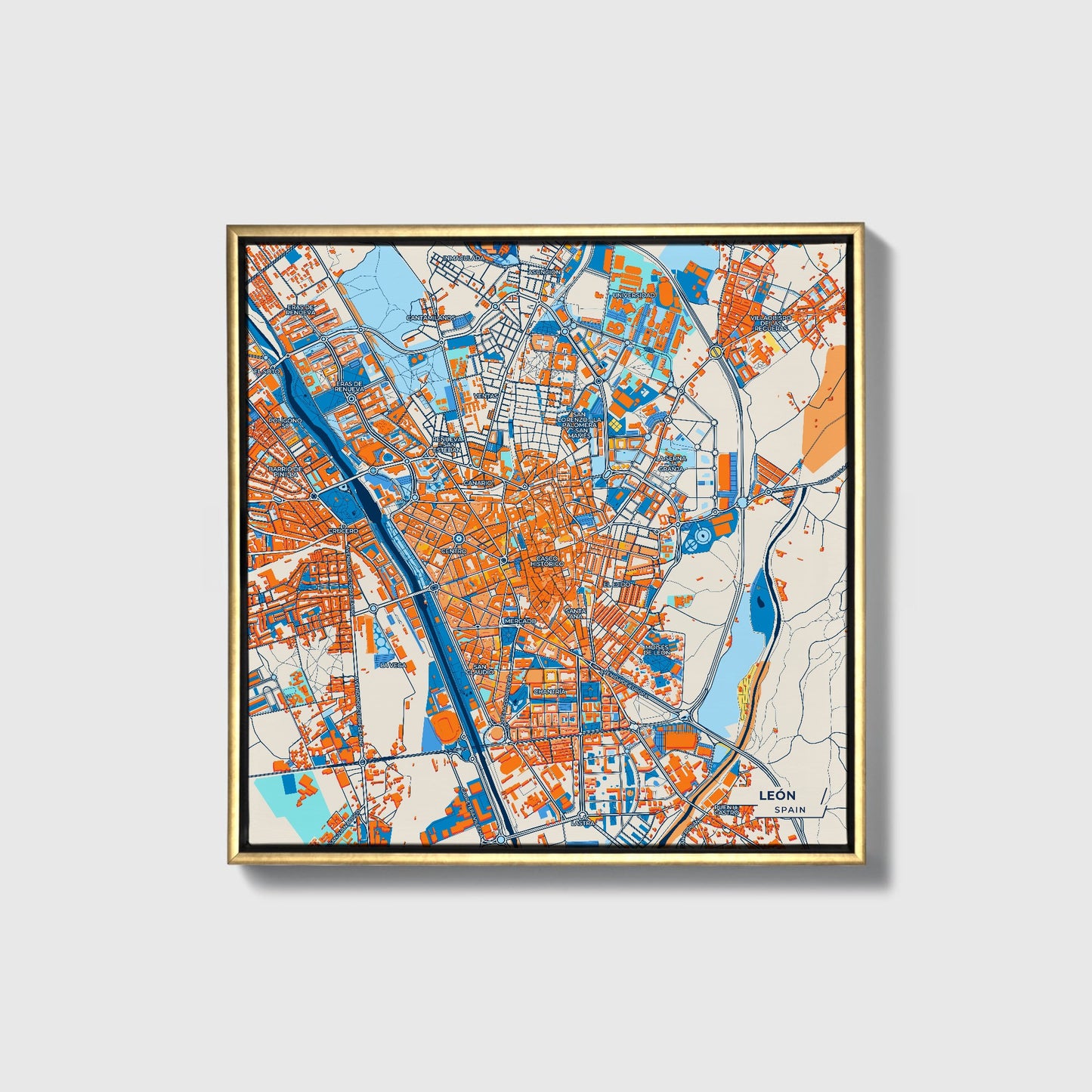 León Spain Colorful City Map Canvas Print • Gold Framed