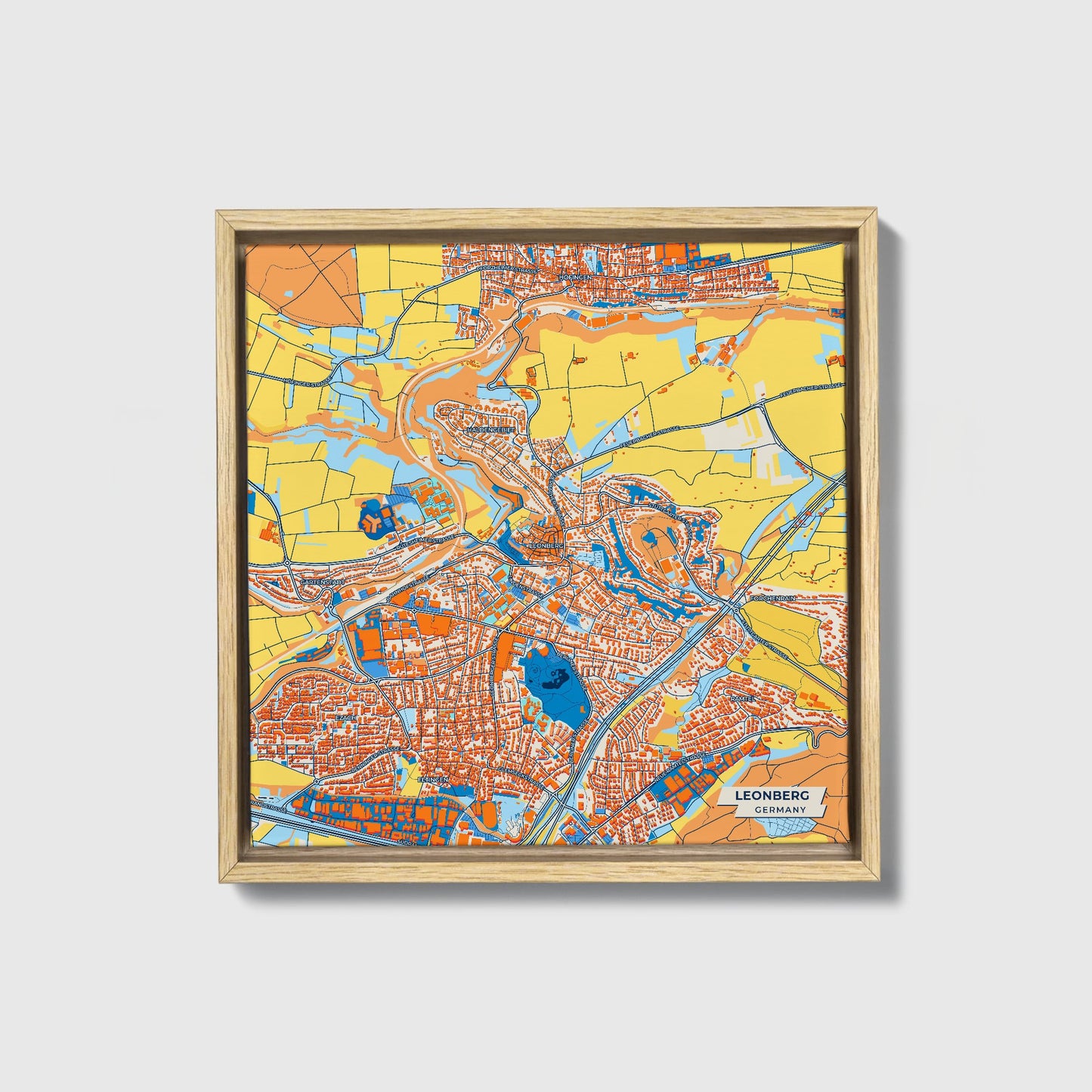 Leonberg Germany Colorful City Map Canvas Print • Natural Wooden Framed