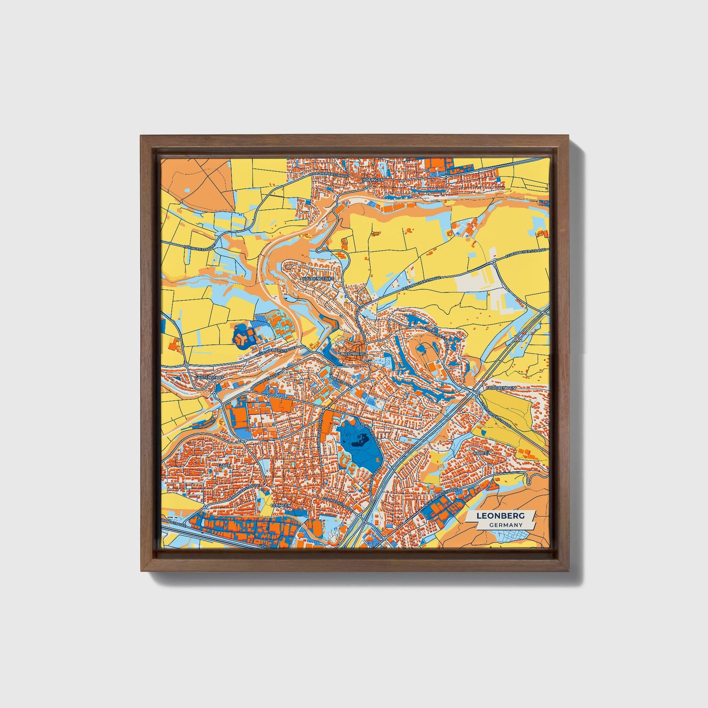 Leonberg Germany Colorful City Map Canvas Print • Dark Wooden Framed