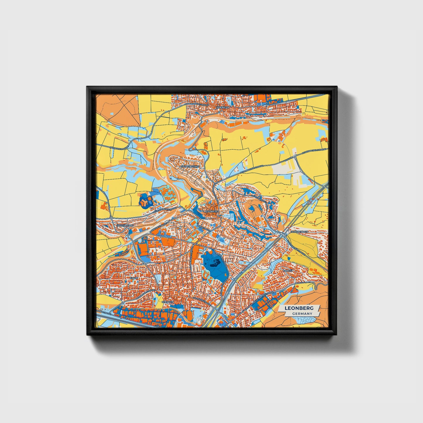 Leonberg Germany Colorful City Map Canvas Print • Black Framed