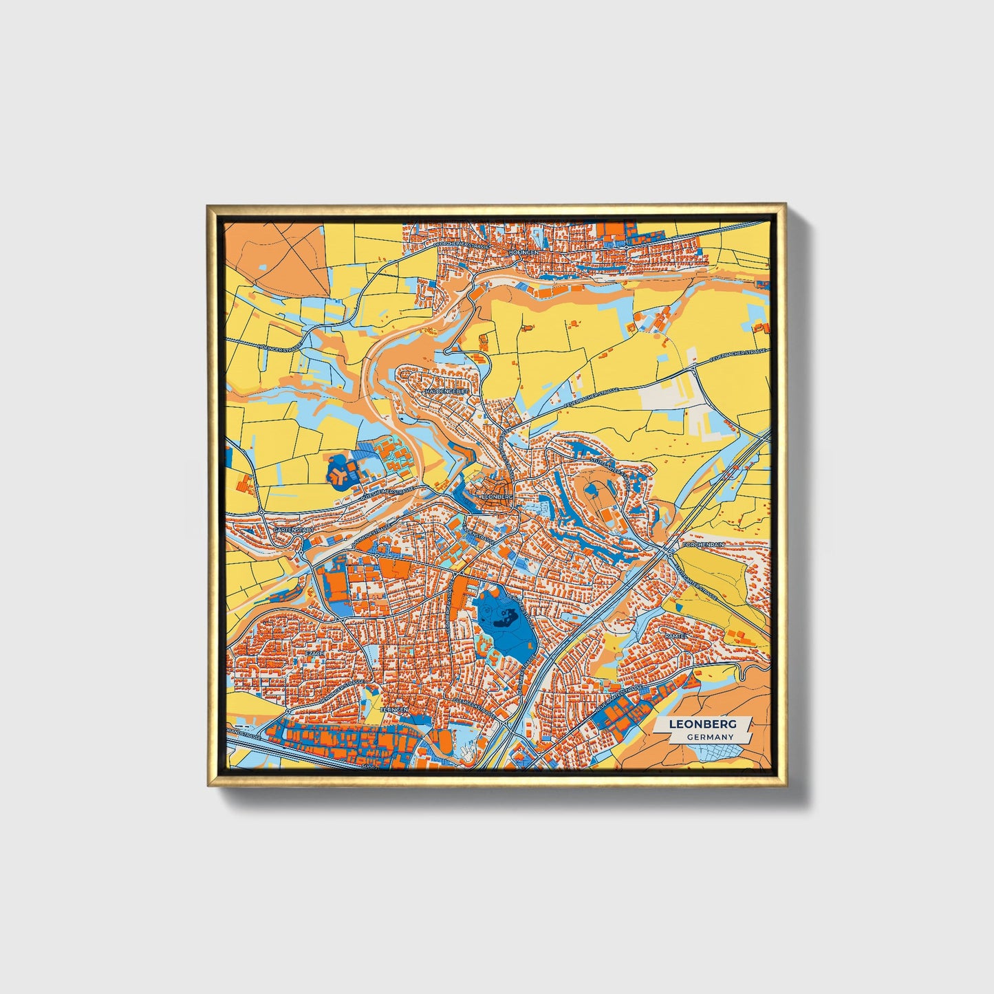 Leonberg Germany Colorful City Map Canvas Print • Gold Framed