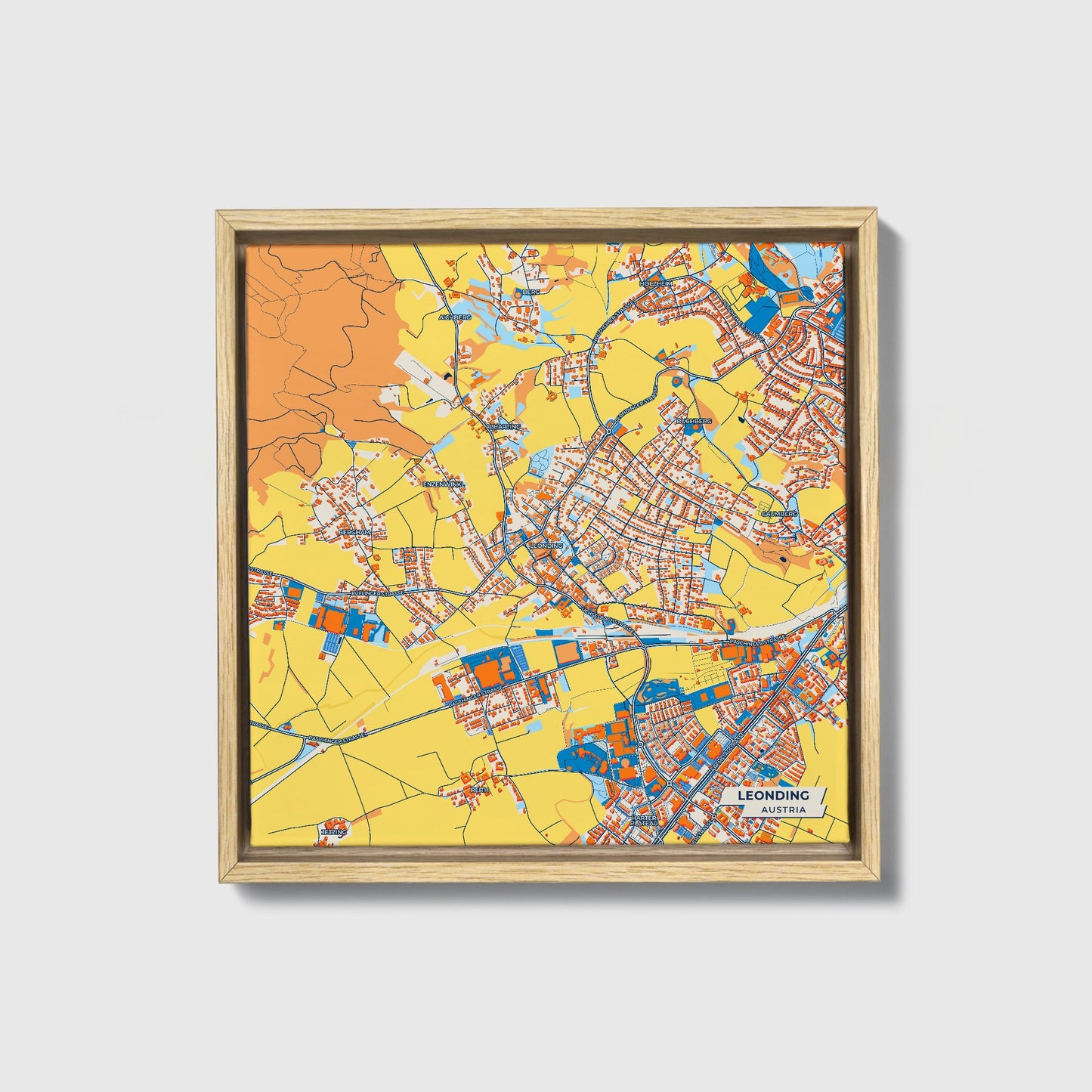 Leonding Austria Colorful City Map Canvas Print • Natural Wooden Framed