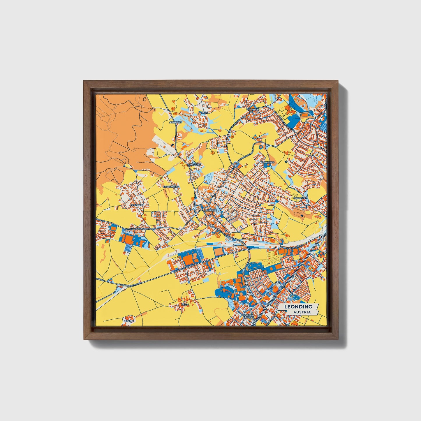 Leonding Austria Colorful City Map Canvas Print • Dark Wooden Framed