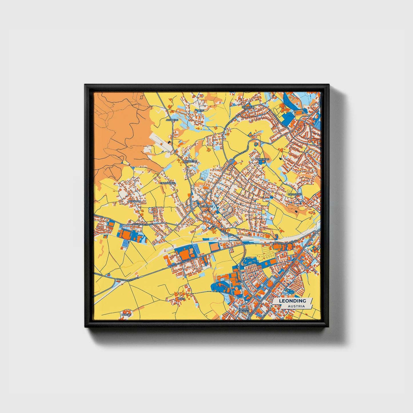 Leonding Austria Colorful City Map Canvas Print • Black Framed