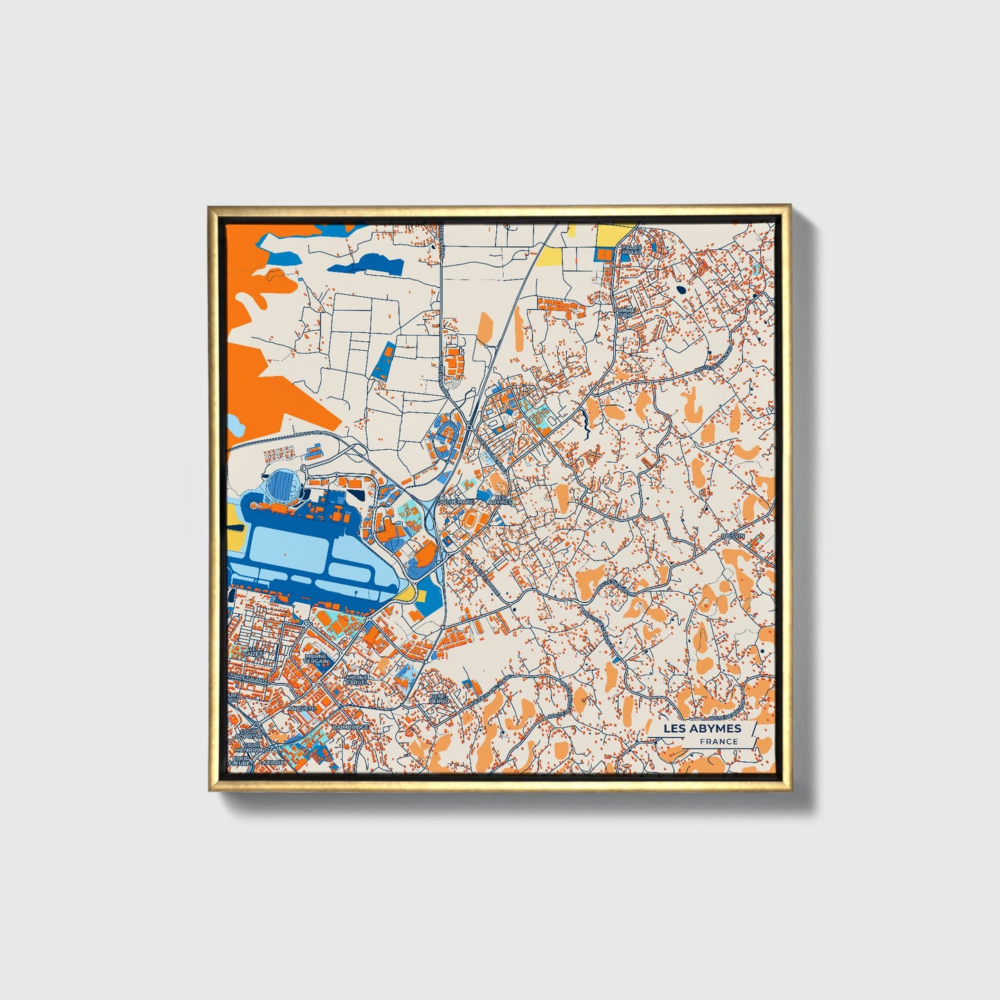 Les Abymes France Colorful City Map Canvas Print • Gold Framed