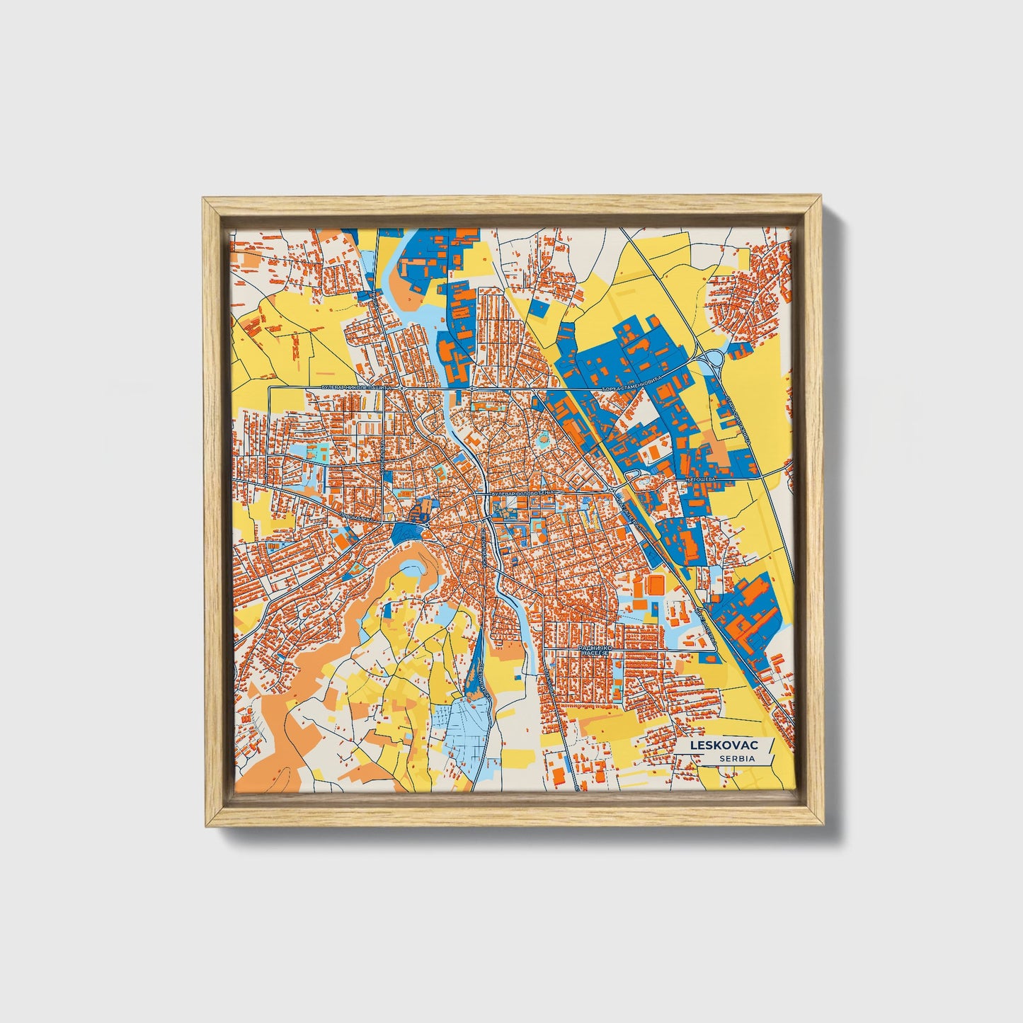 Лесковац Serbia Colorful City Map Canvas Print • Natural Wooden Framed