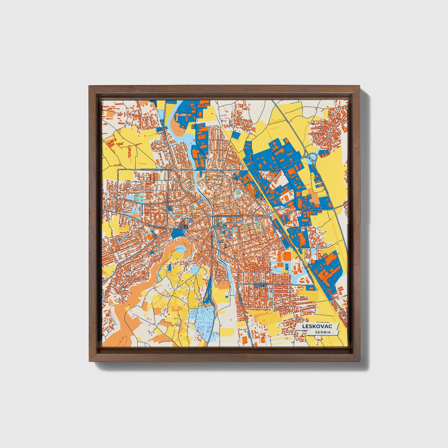 Лесковац Serbia Colorful City Map Canvas Print • Dark Wooden Framed