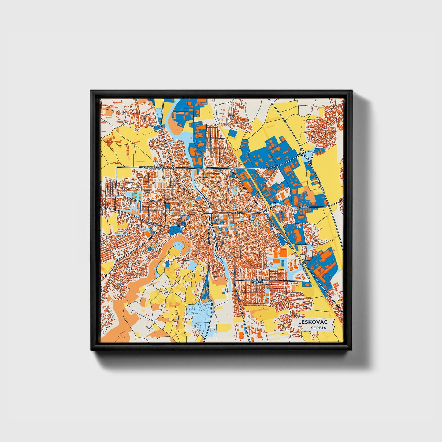 Лесковац Serbia Colorful City Map Canvas Print • Black Framed