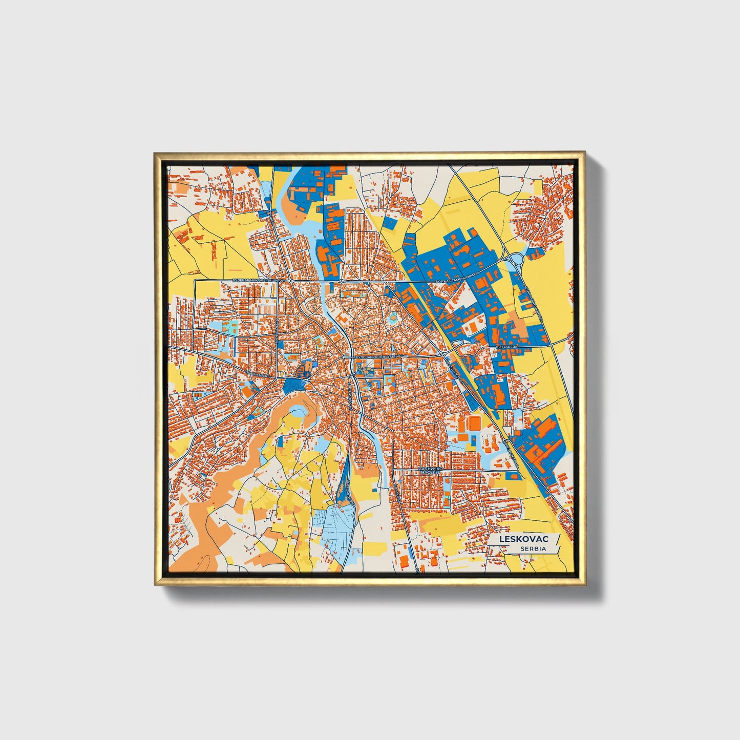 Лесковац Serbia Colorful City Map Canvas Print • Gold Framed
