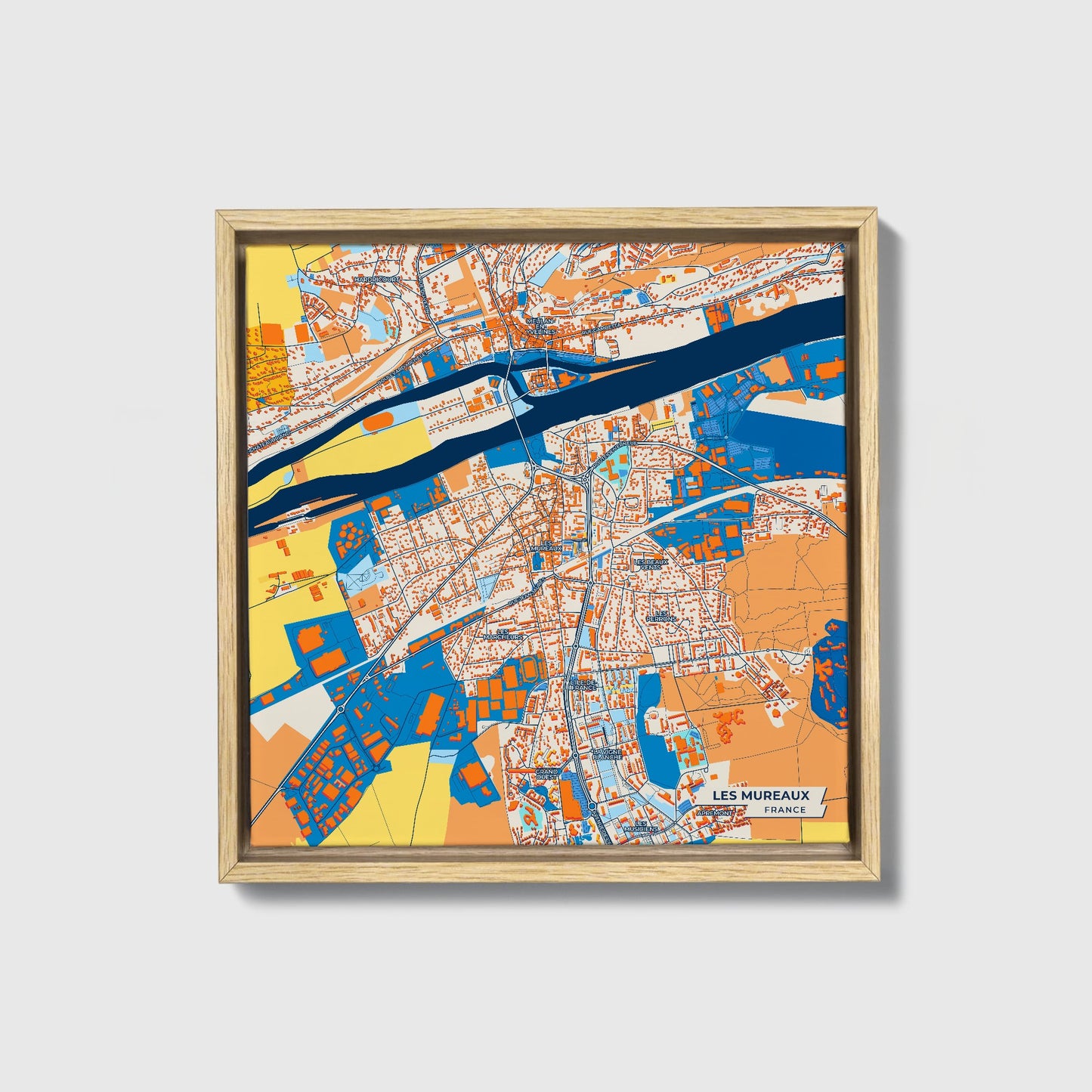 Les Mureaux France Colorful City Map Canvas Print • Natural Wooden Framed