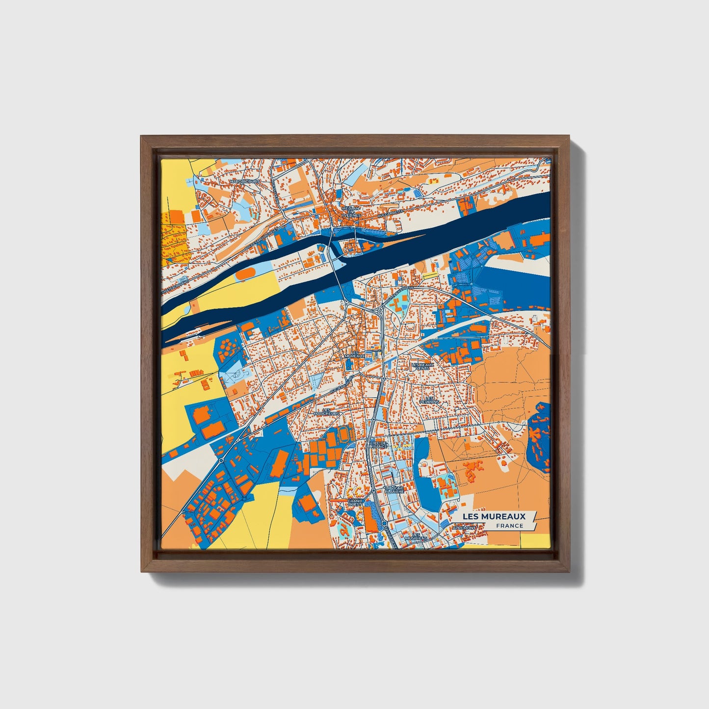 Les Mureaux France Colorful City Map Canvas Print • Dark Wooden Framed