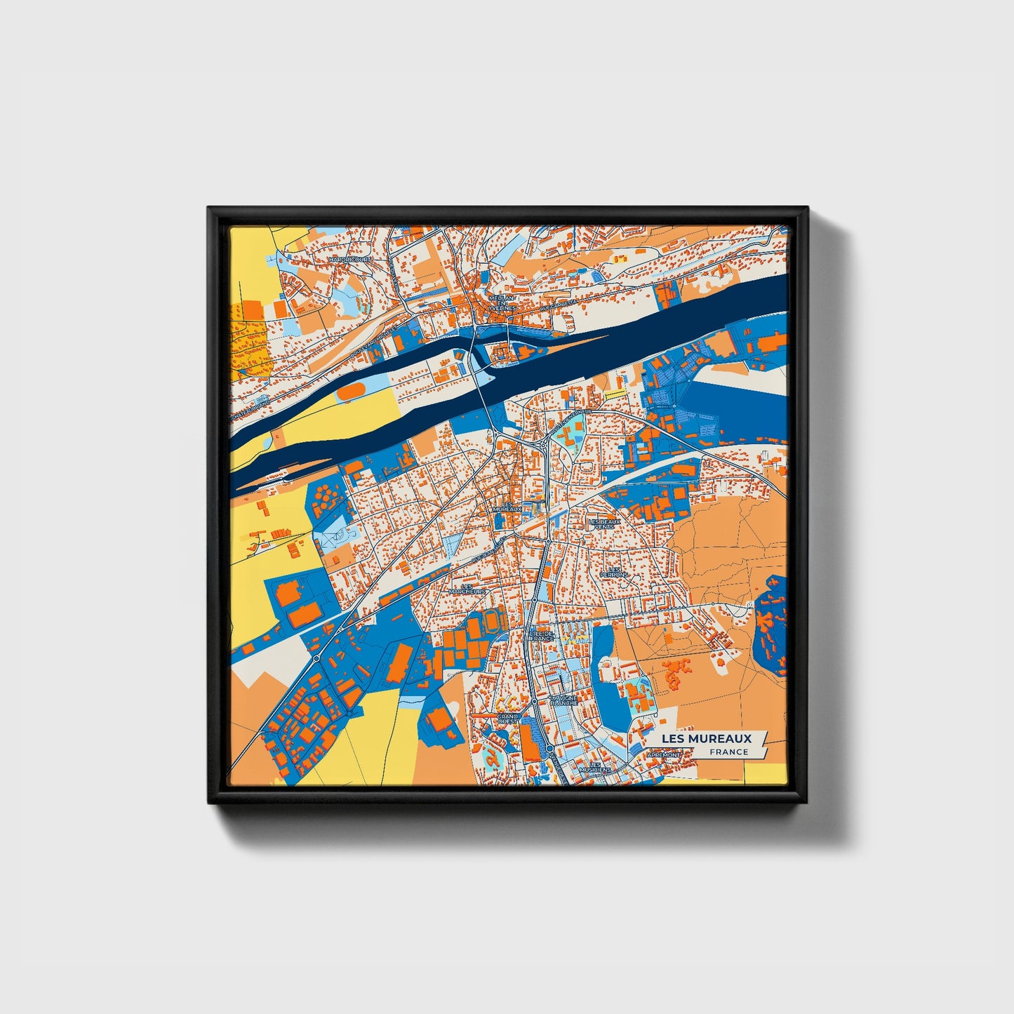 Les Mureaux France Colorful City Map Canvas Print • Black Framed