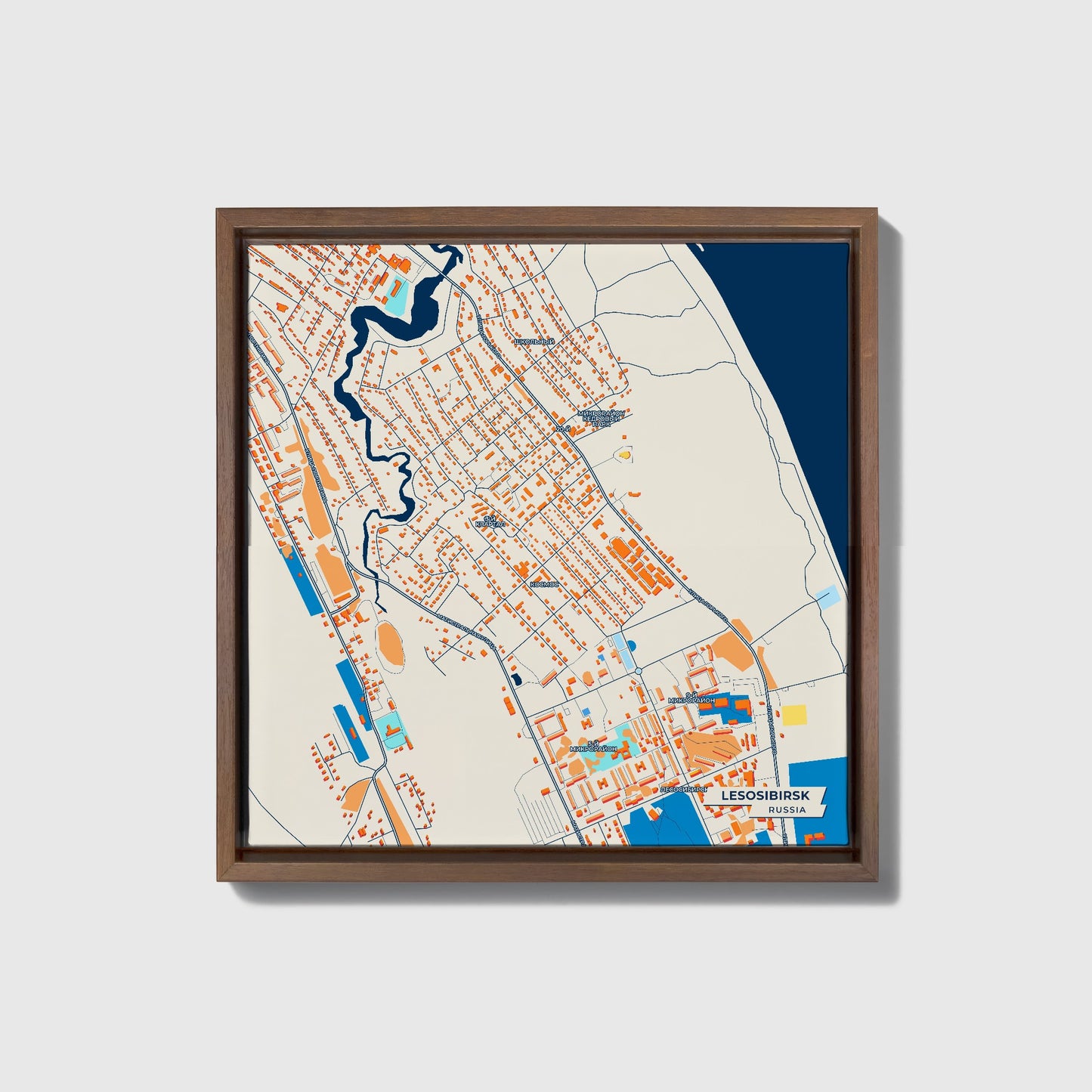 Лесосибирск Russia Colorful City Map Canvas Print • Dark Wooden Framed