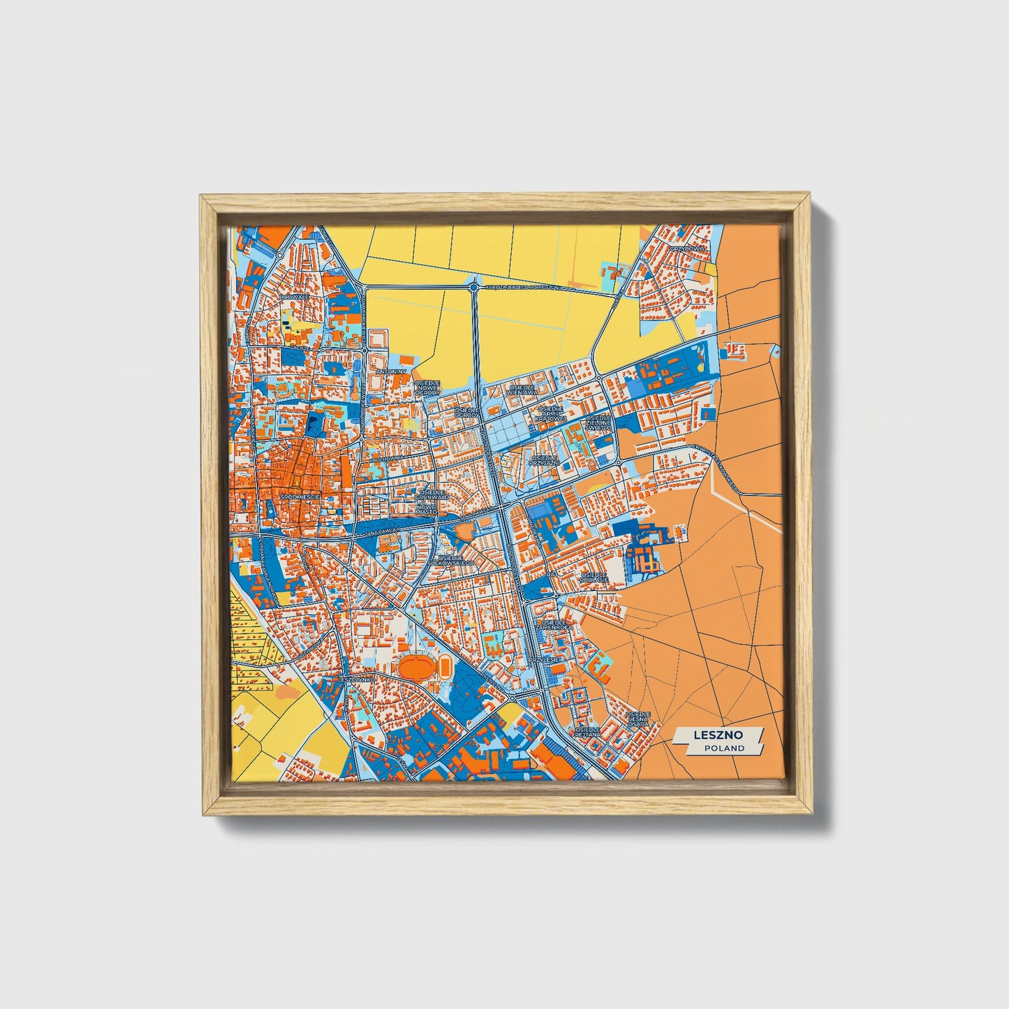 Leszno Poland Colorful City Map Canvas Print • Natural Wooden Framed