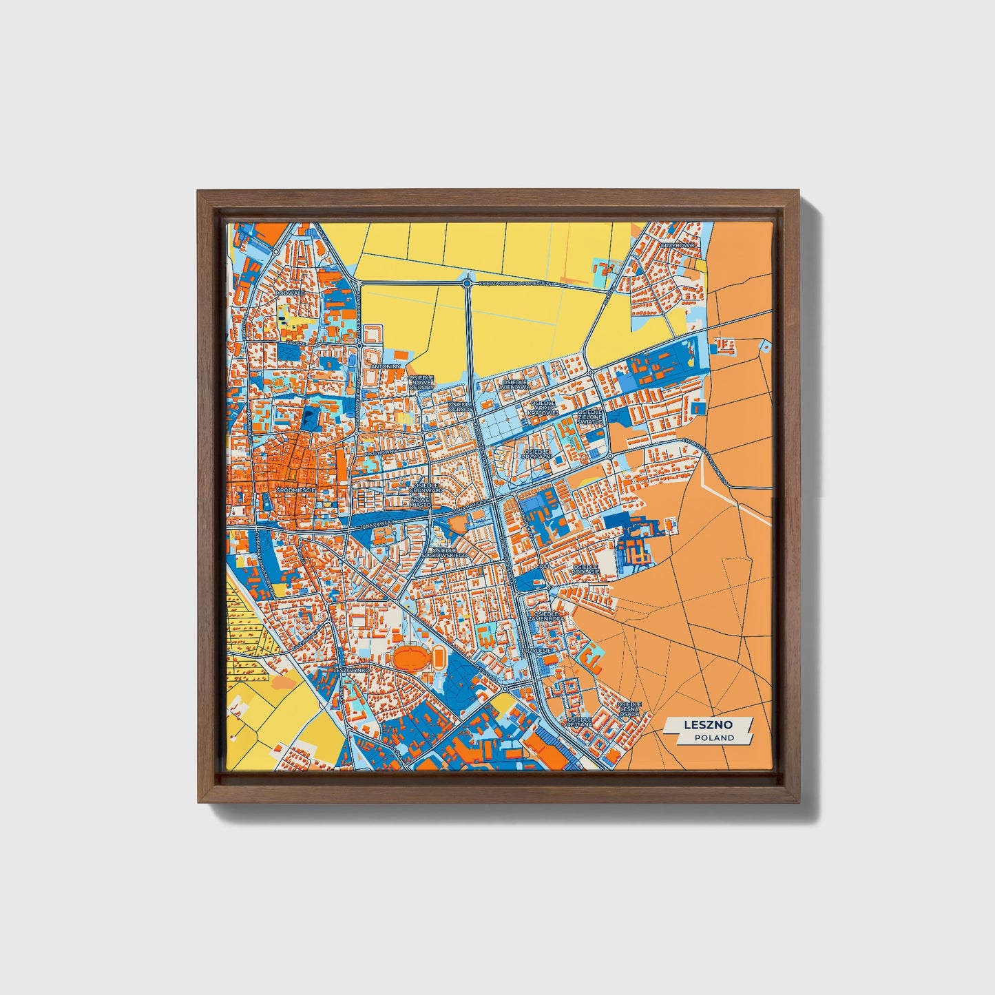 Leszno Poland Colorful City Map Canvas Print • Dark Wooden Framed