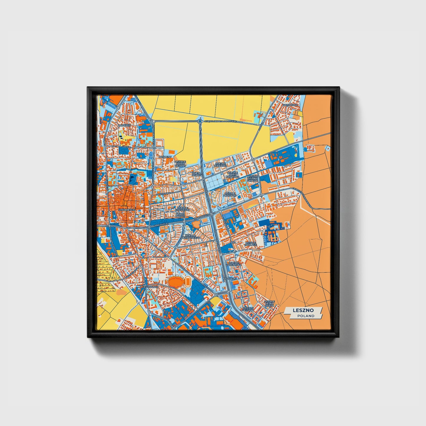 Leszno Poland Colorful City Map Canvas Print • Black Framed