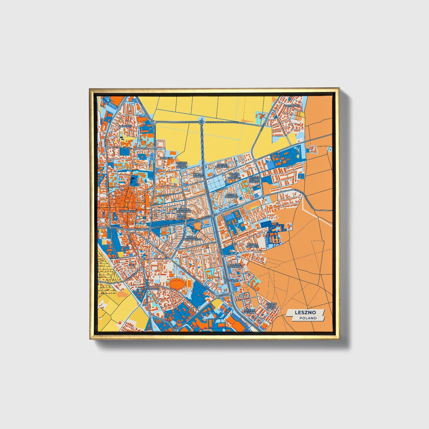 Leszno Poland Colorful City Map Canvas Print • Gold Framed