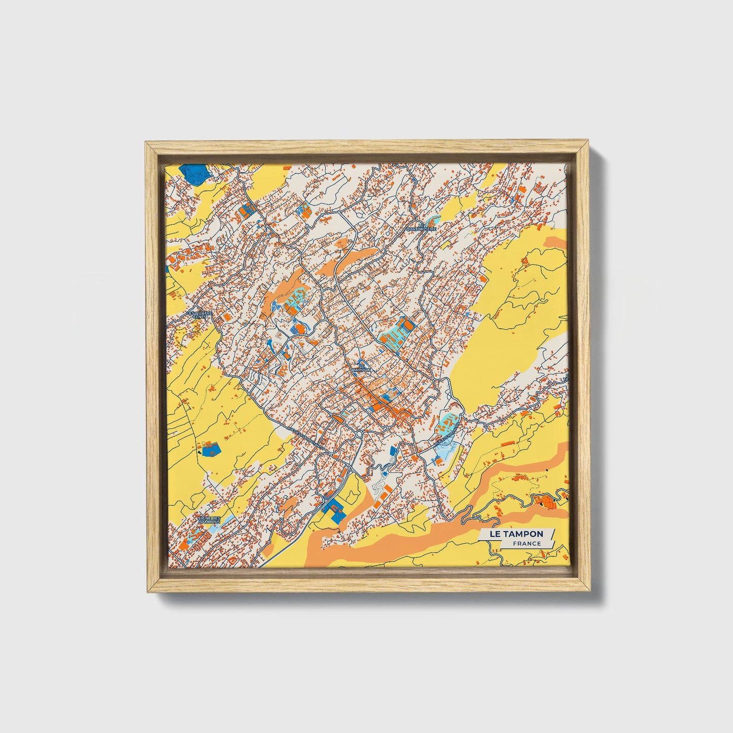 Le Tampon France Colorful City Map Canvas Print • Natural Wooden Framed