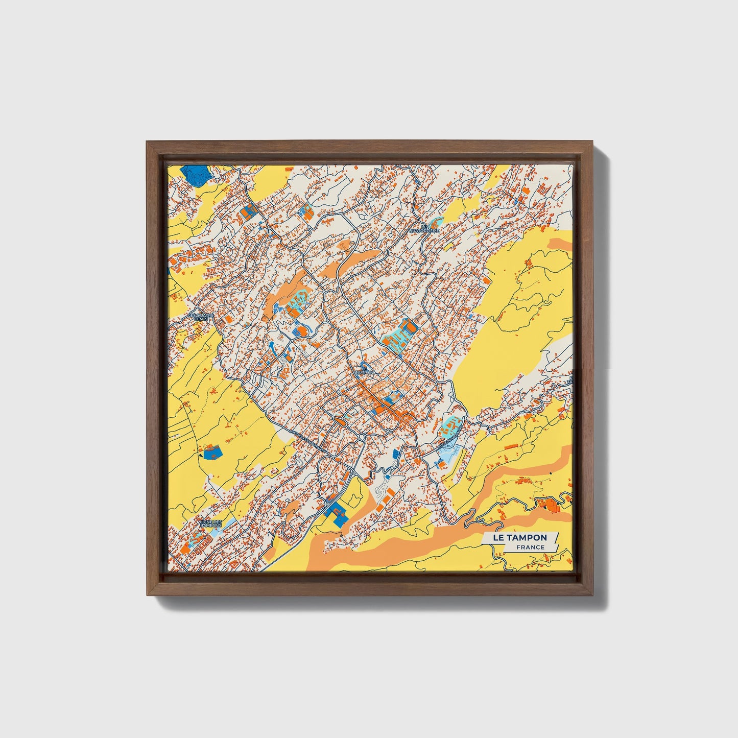 Le Tampon France Colorful City Map Canvas Print • Dark Wooden Framed
