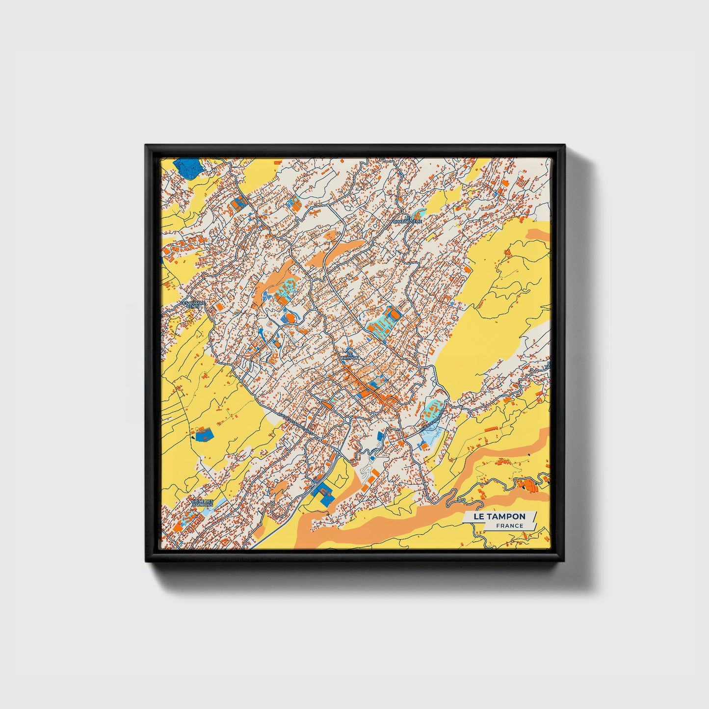 Le Tampon France Colorful City Map Canvas Print • Black Framed