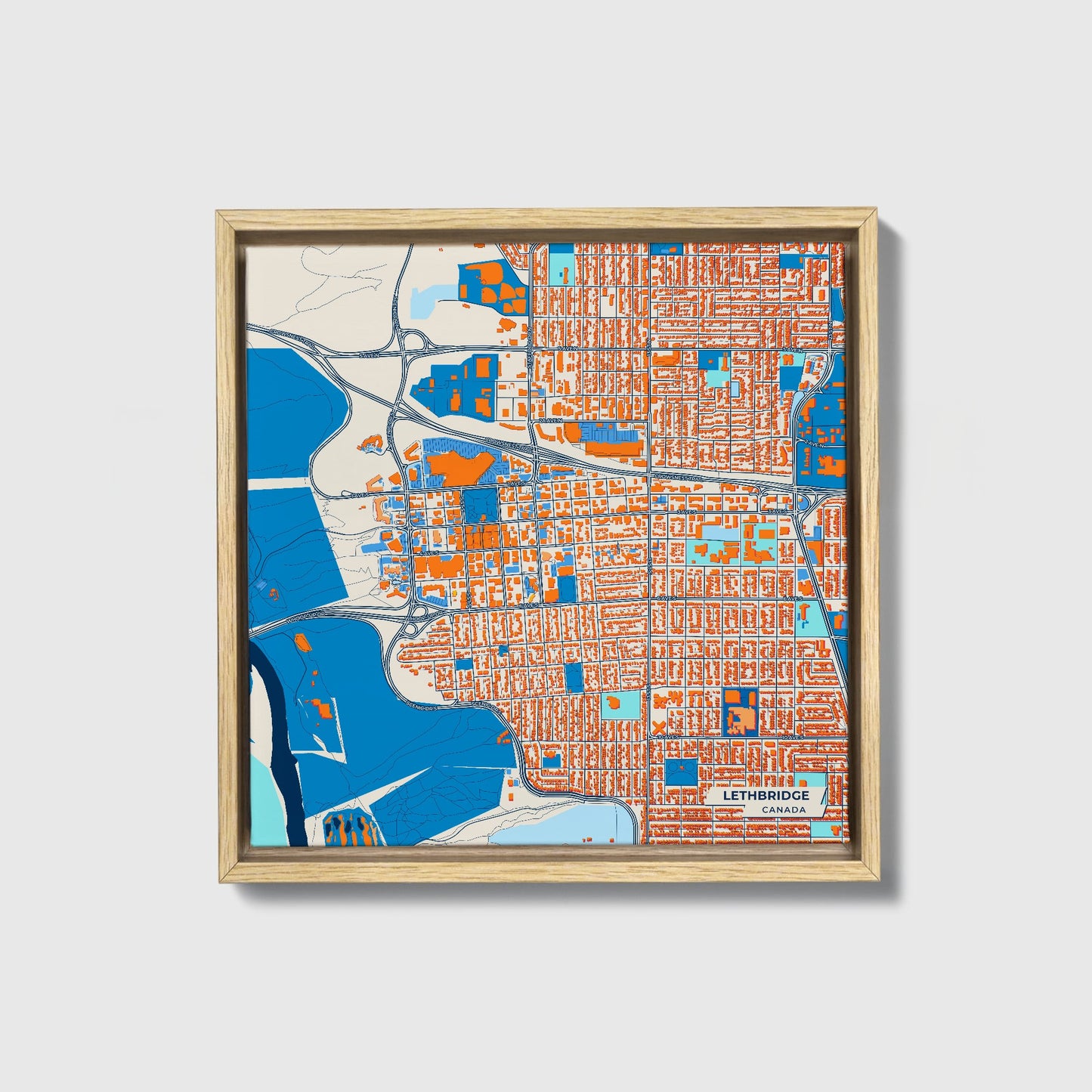 Lethbridge Canada Colorful City Map Canvas Print • Natural Wooden Framed