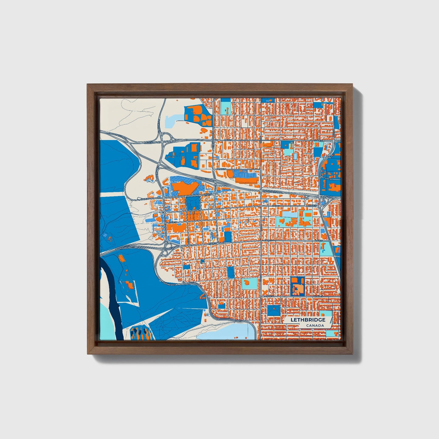 Lethbridge Canada Colorful City Map Canvas Print • Dark Wooden Framed