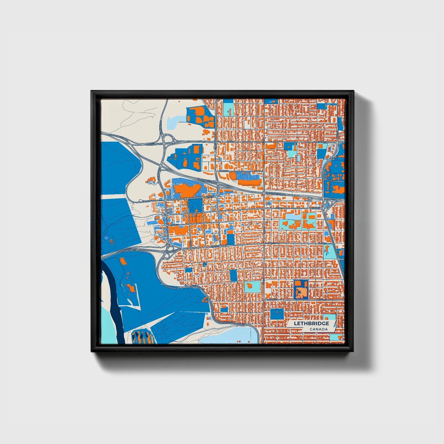 Lethbridge Canada Colorful City Map Canvas Print • Black Framed