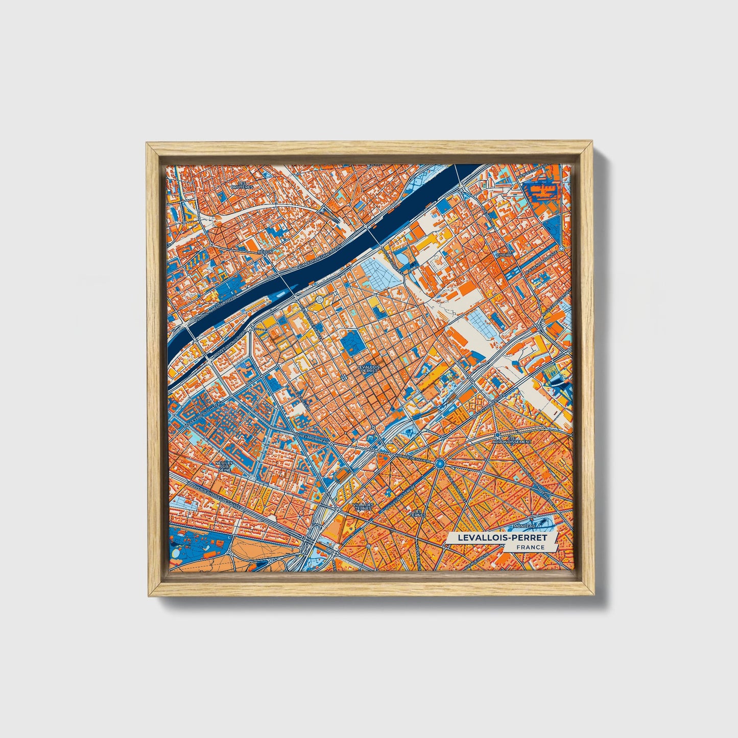 Levallois-Perret France Colorful City Map Canvas Print • Natural Wooden Framed