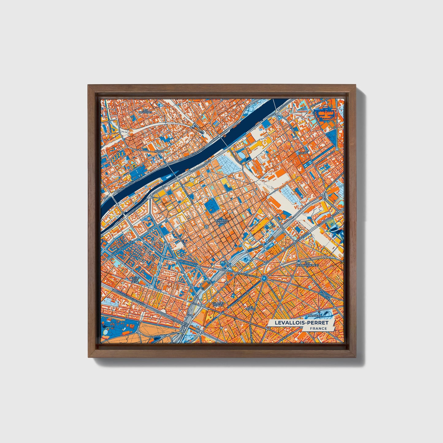 Levallois-Perret France Colorful City Map Canvas Print • Dark Wooden Framed