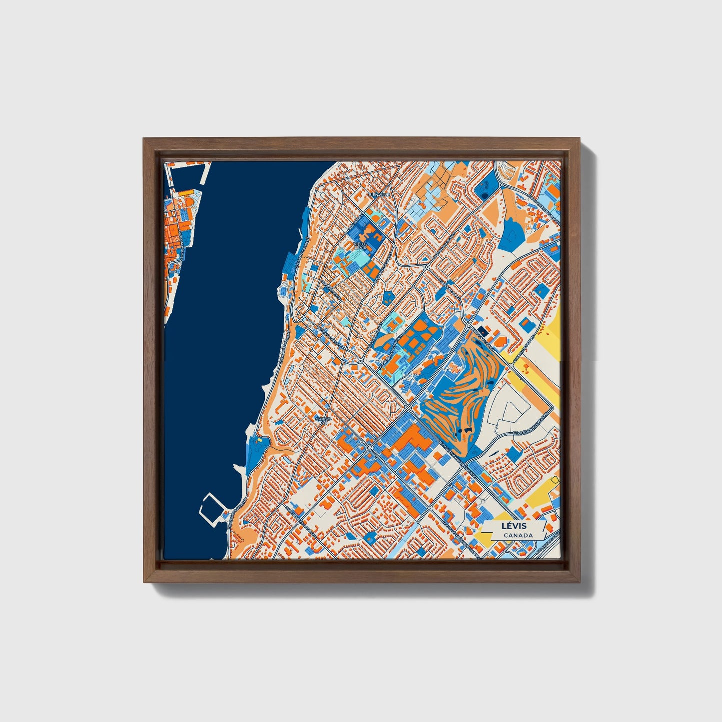 Lévis Canada Colorful City Map Canvas Print • Dark Wooden Framed