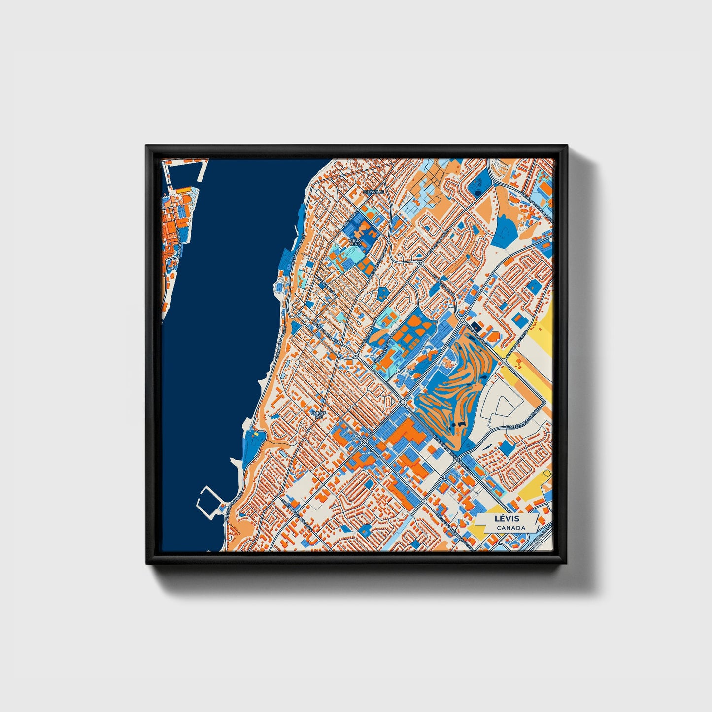 Lévis Canada Colorful City Map Canvas Print • Black Framed