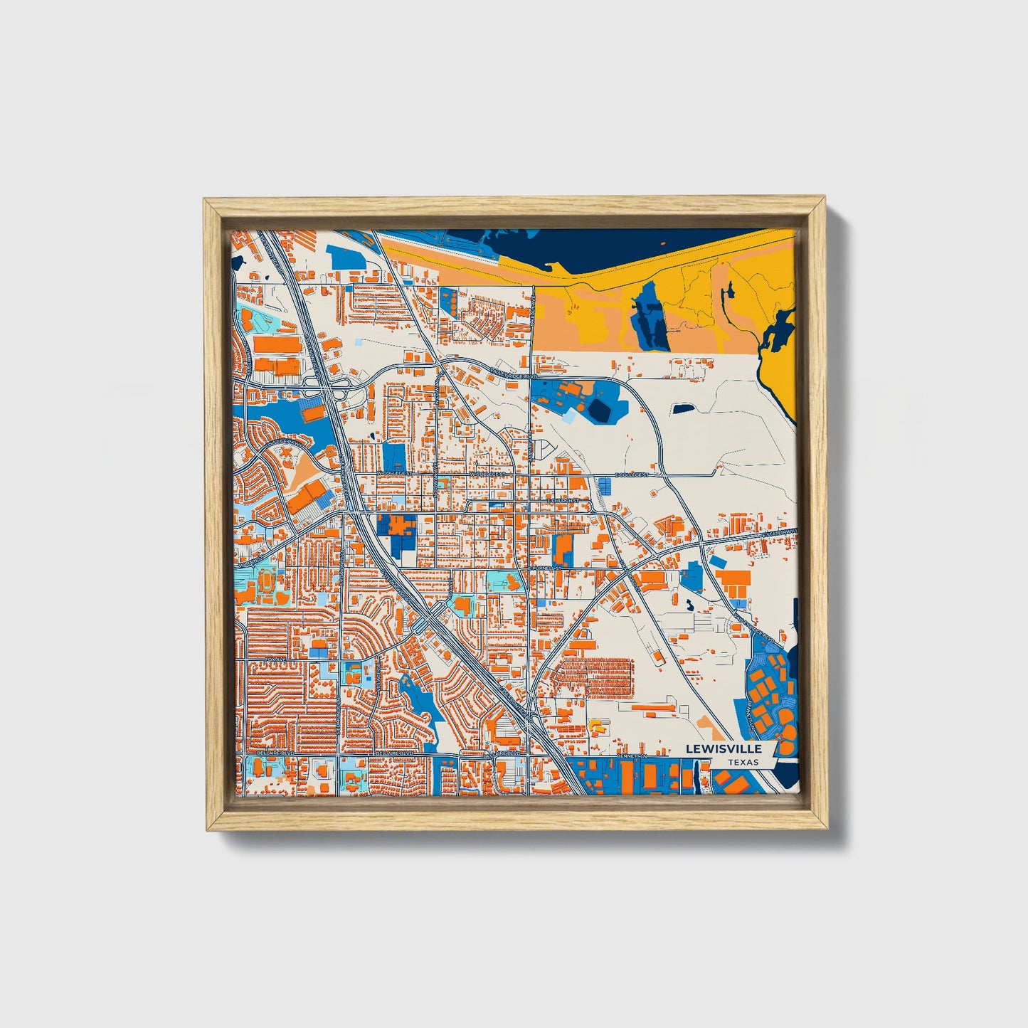 Lewisville Texas Colorful City Map Canvas Print • Natural Wooden Framed