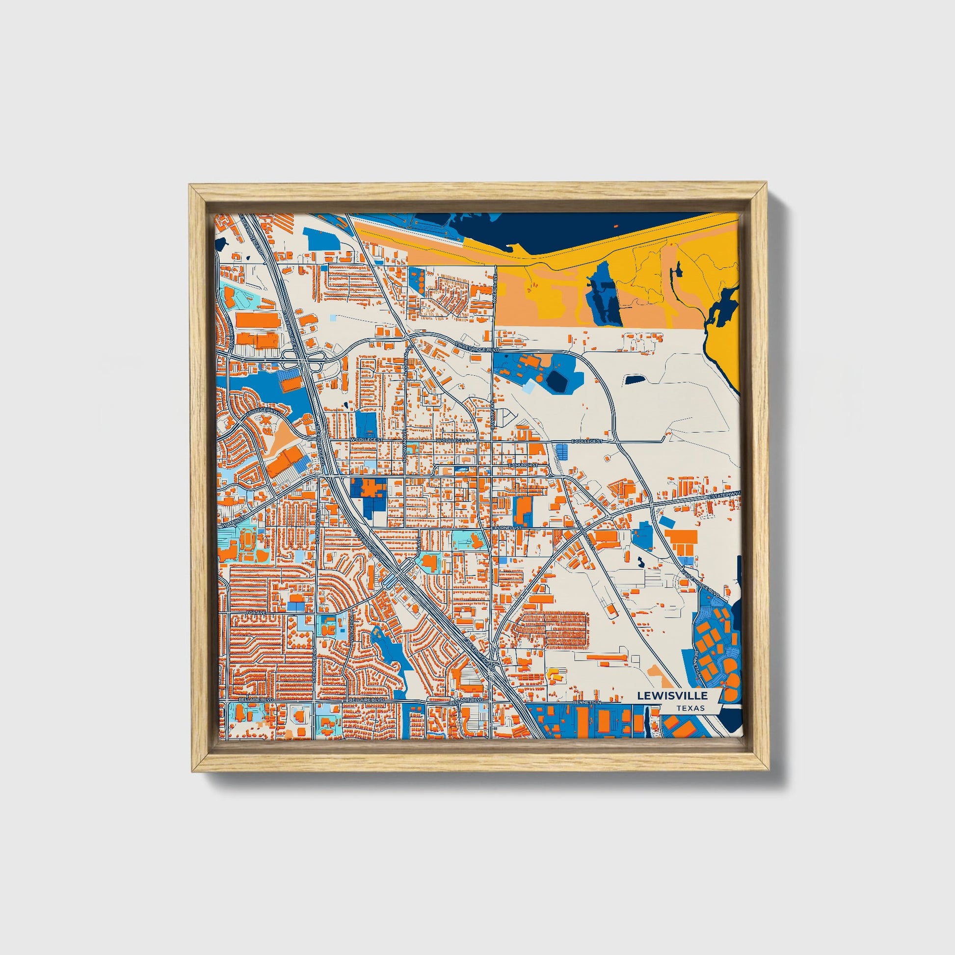 Lewisville Texas Colorful City Map Canvas Print • Natural Wooden Framed