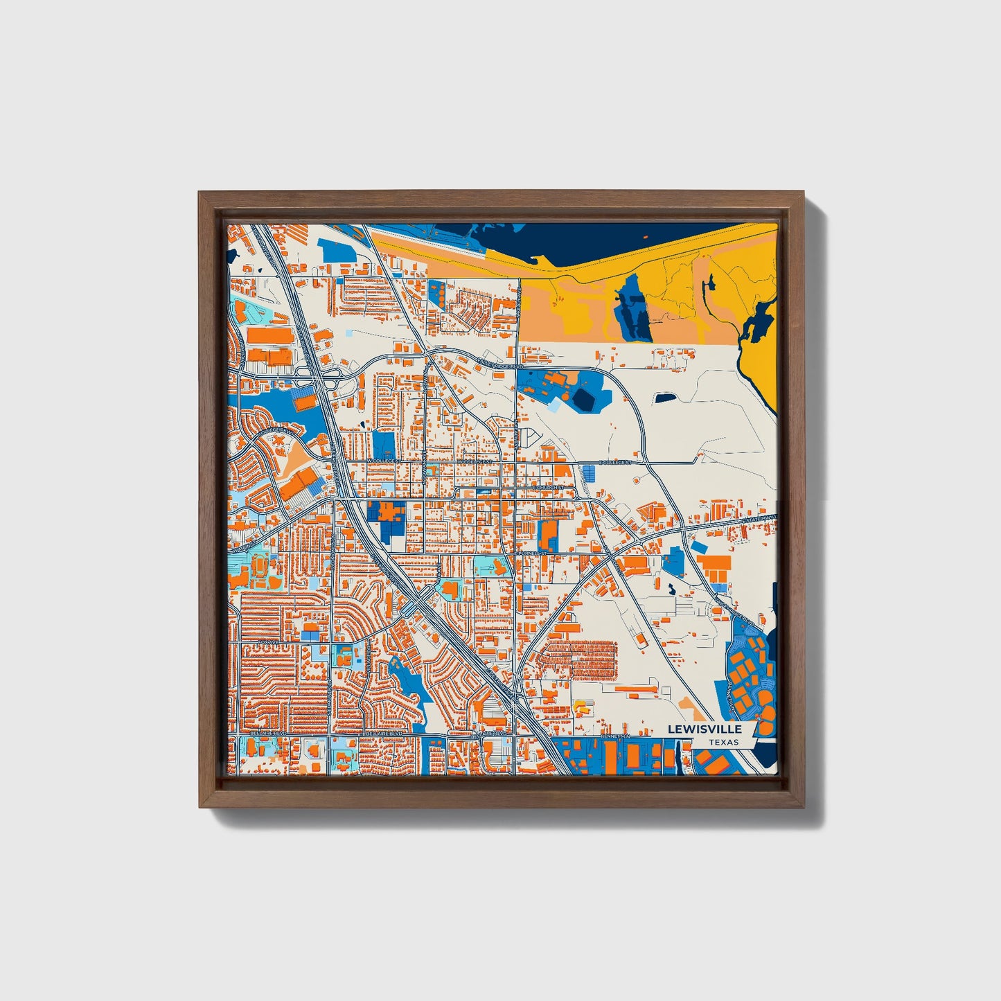 Lewisville Texas Colorful City Map Canvas Print • Dark Wooden Framed