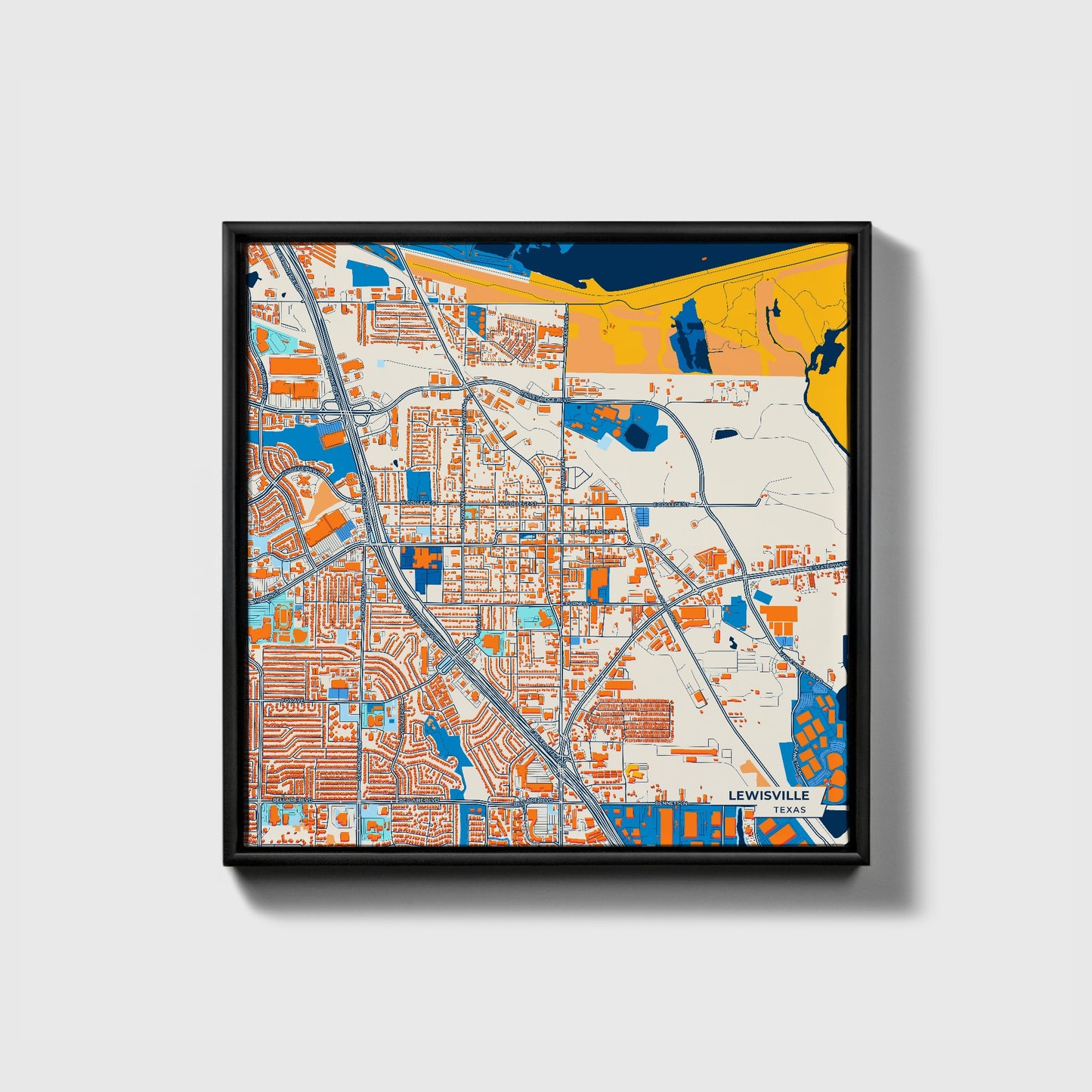 Lewisville Texas Colorful City Map Canvas Print • Black Framed