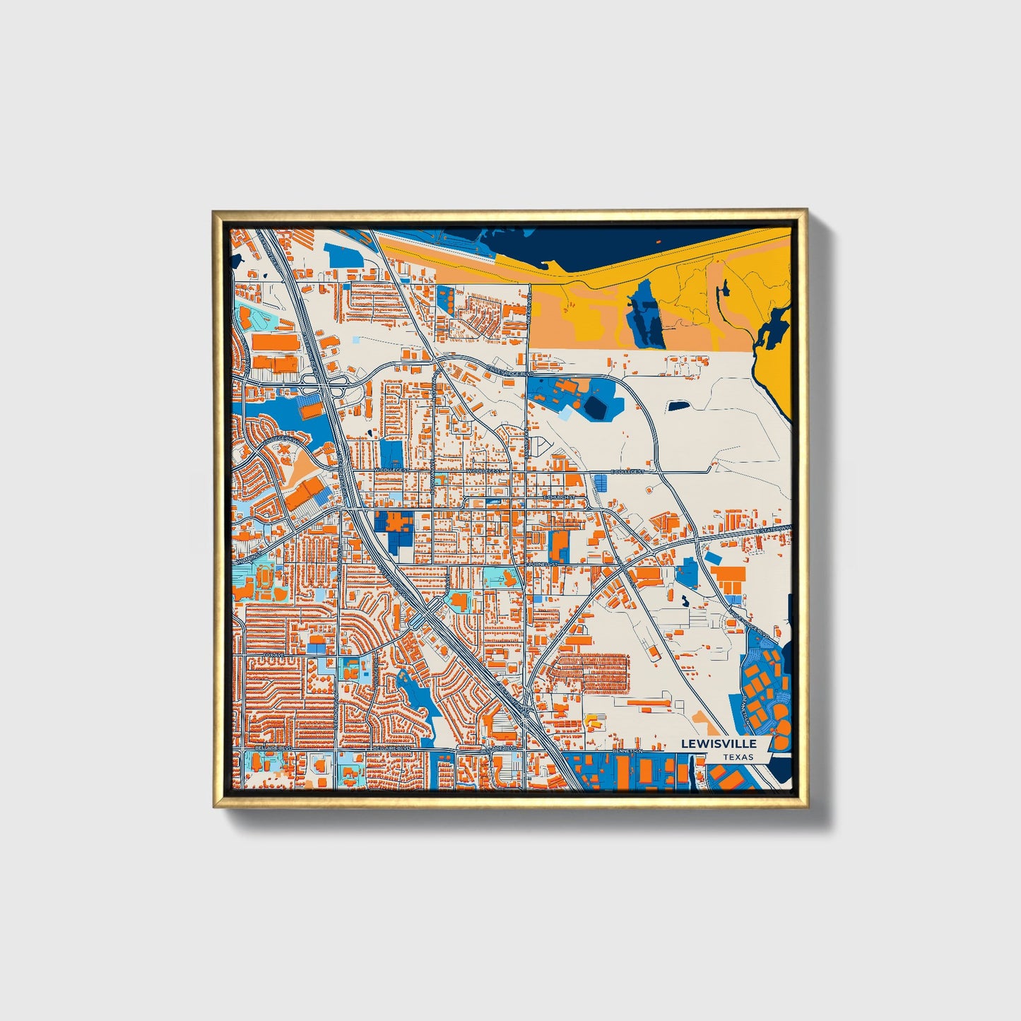 Lewisville Texas Colorful City Map Canvas Print • Gold Framed