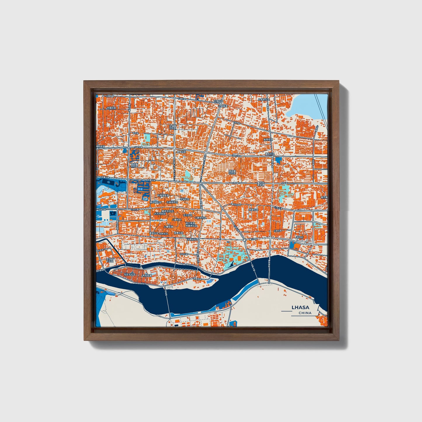 Lhasa China Colorful City Map Canvas Print • Dark Wooden Framed